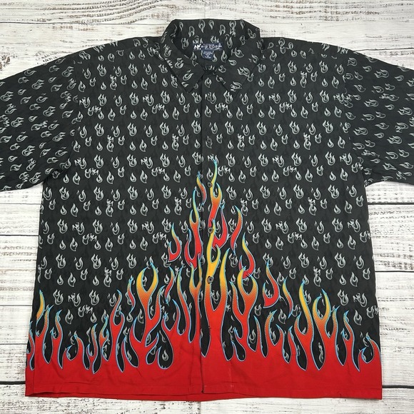 All Over Flames Button Up Shirt Hawaiian Y2K 3X Big Dogs Bring The Heat - Picture 1 of 6
